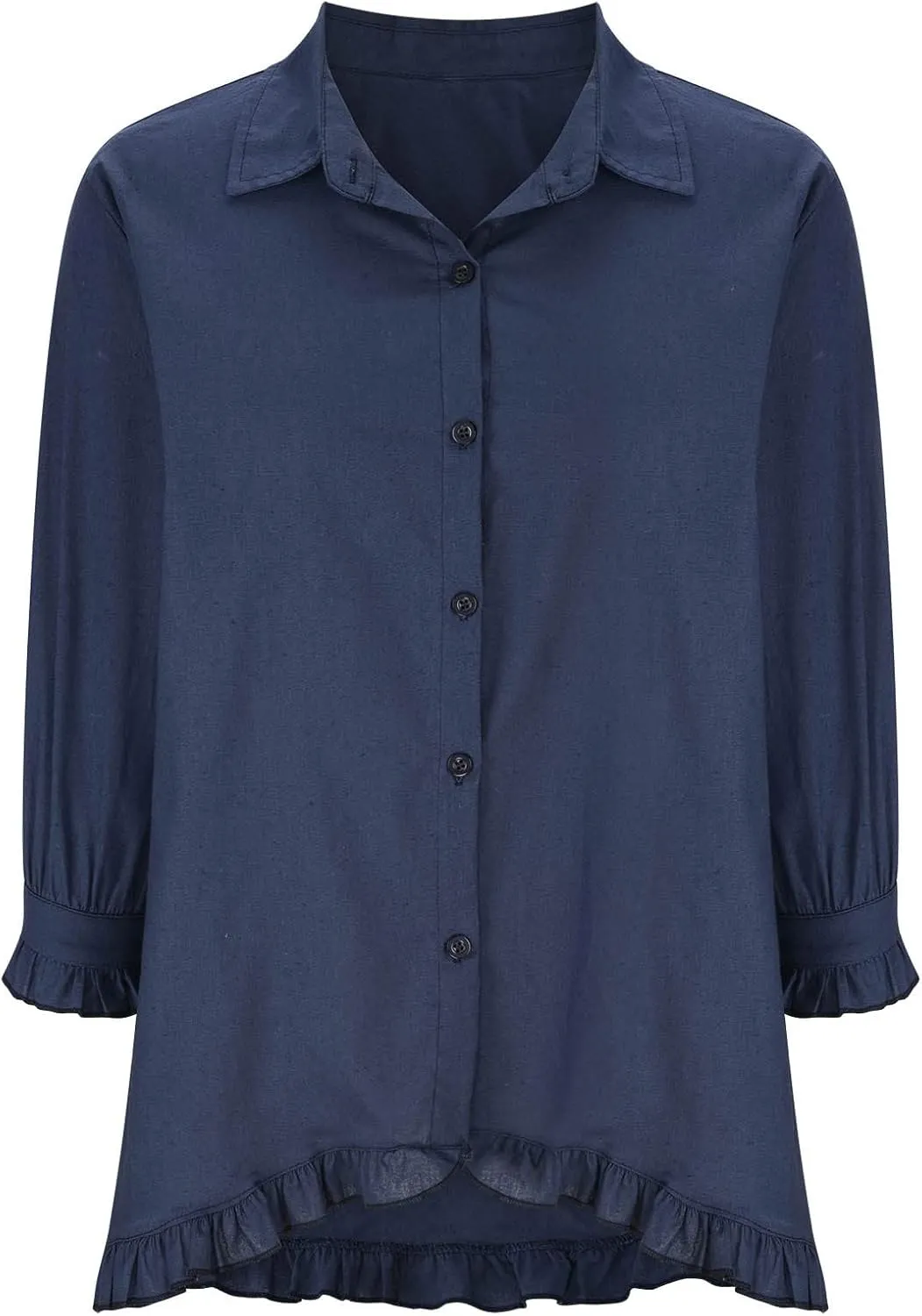 Linen Tops for Women 3/4 Sleeve Lapel Neck T Shirts Button Down Tee Shirts Solid Color Ruffle Cotton Linen Tunic Top