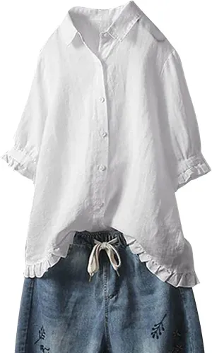 Linen Tops for Women 3/4 Sleeve Lapel Neck T Shirts Button Down Tee Shirts Solid Color Ruffle Cotton Linen Tunic Top