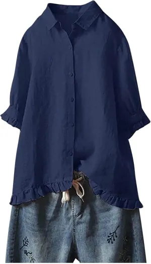 Linen Tops for Women 3/4 Sleeve Lapel Neck T Shirts Button Down Tee Shirts Solid Color Ruffle Cotton Linen Tunic Top