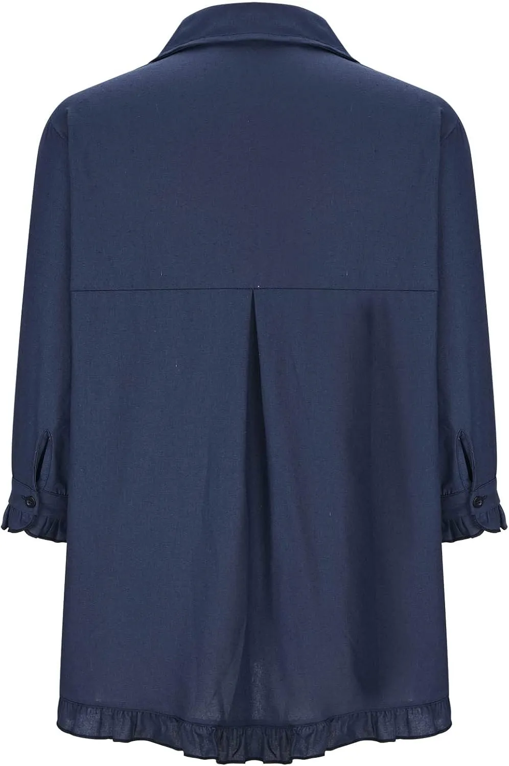 Linen Tops for Women 3/4 Sleeve Lapel Neck T Shirts Button Down Tee Shirts Solid Color Ruffle Cotton Linen Tunic Top