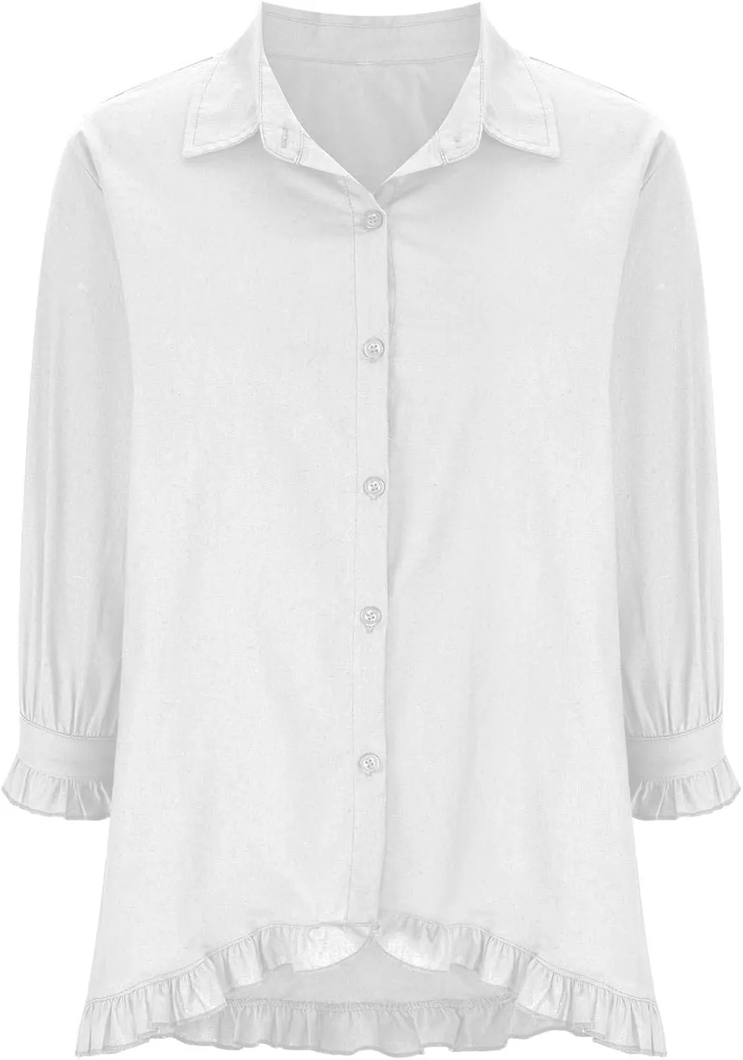 Linen Tops for Women 3/4 Sleeve Lapel Neck T Shirts Button Down Tee Shirts Solid Color Ruffle Cotton Linen Tunic Top