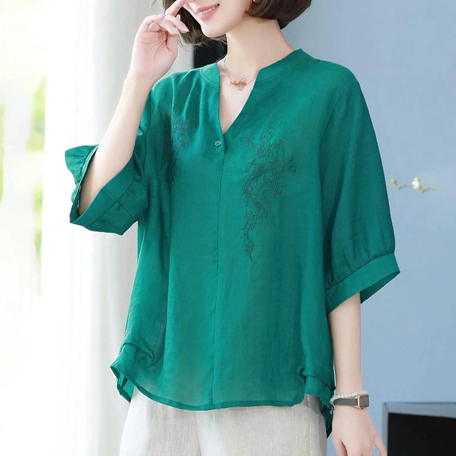 Linen Tops for Women Sleeve Casual Loose V Neck Cotton Linen Tee Shirts Ethnic Embroidered 2025 Trendy Summer Tops