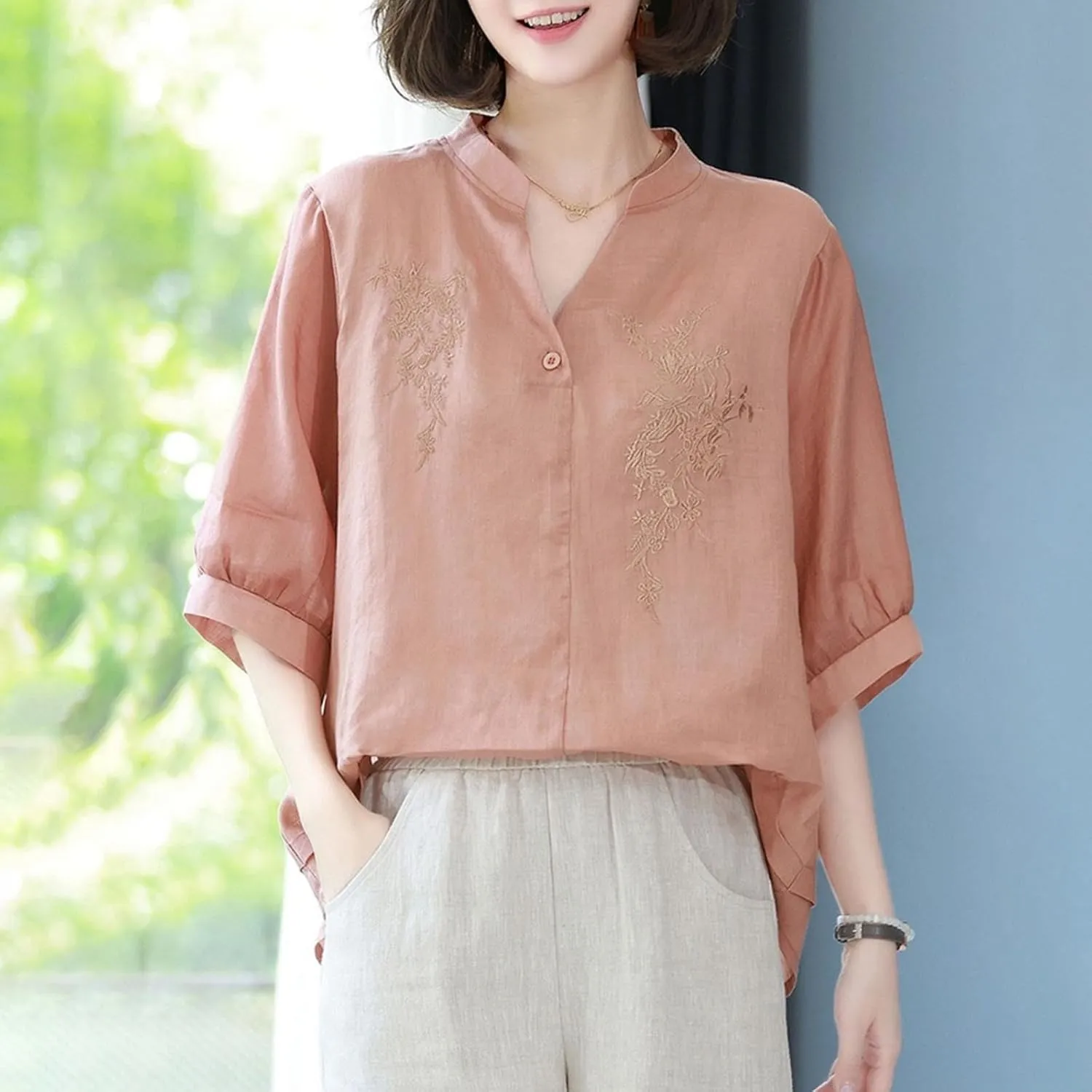 Linen Tops for Women Sleeve Casual Loose V Neck Cotton Linen Tee Shirts Ethnic Embroidered 2025 Trendy Summer Tops