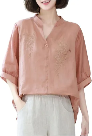 Linen Tops for Women Sleeve Casual Loose V Neck Cotton Linen Tee Shirts Ethnic Embroidered 2025 Trendy Summer Tops