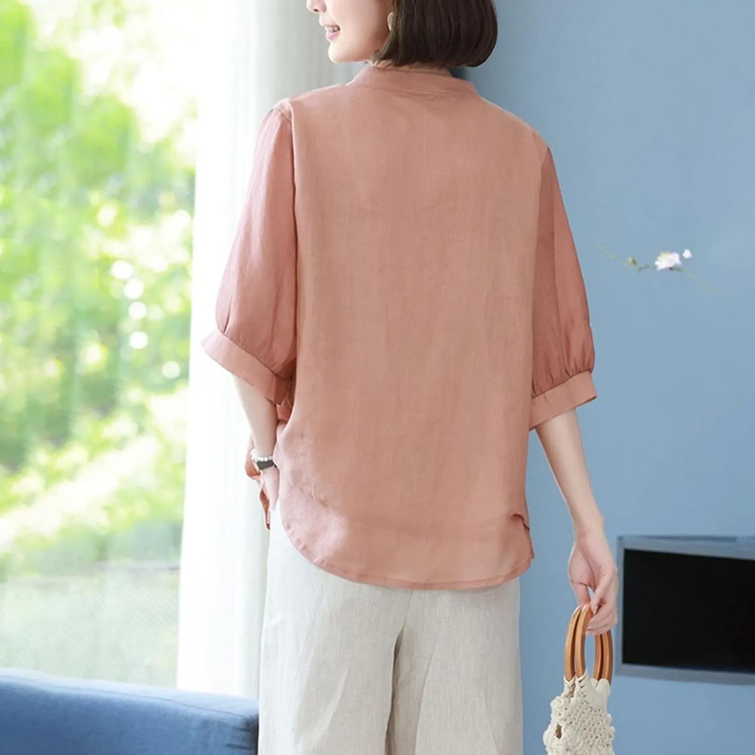 Linen Tops for Women Sleeve Casual Loose V Neck Cotton Linen Tee Shirts Ethnic Embroidered 2025 Trendy Summer Tops