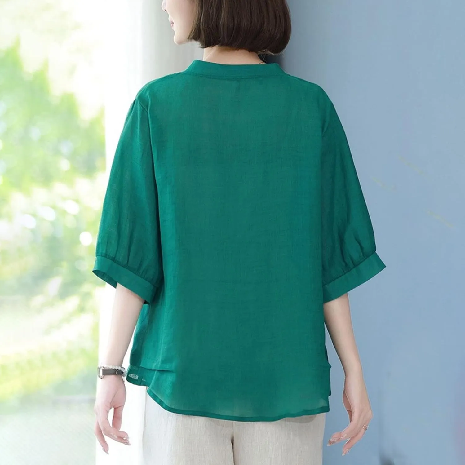Linen Tops for Women Sleeve Casual Loose V Neck Cotton Linen Tee Shirts Ethnic Embroidered 2025 Trendy Summer Tops