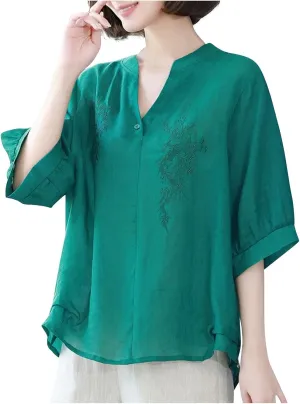 Linen Tops for Women Sleeve Casual Loose V Neck Cotton Linen Tee Shirts Ethnic Embroidered 2025 Trendy Summer Tops