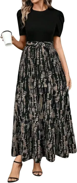 Long Floral Dresses for Women 2025 Elegant Tie Waist Maxi Dress Patchwork Short Sleeve Modest Flowy A Line Dress