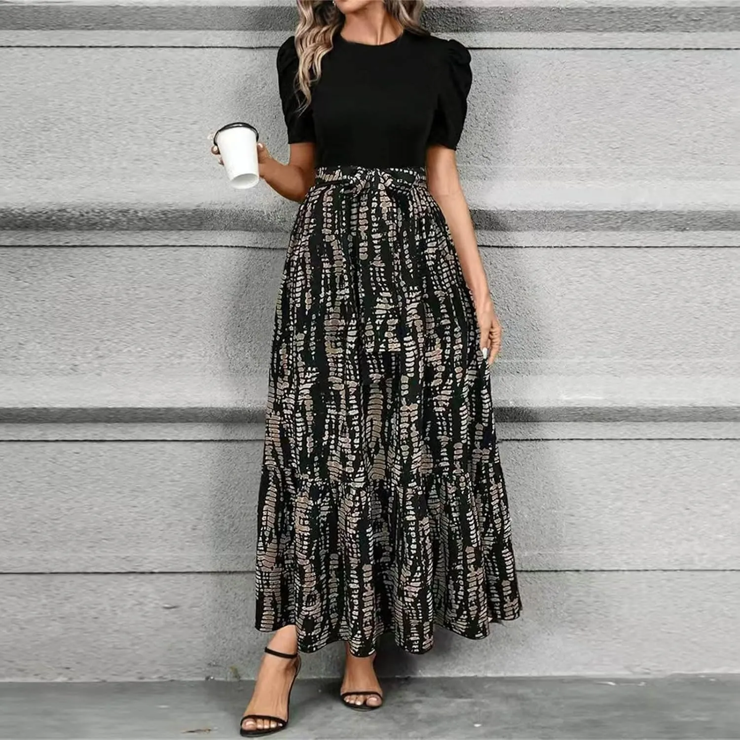 Long Floral Dresses for Women 2025 Elegant Tie Waist Maxi Dress Patchwork Short Sleeve Modest Flowy A Line Dress