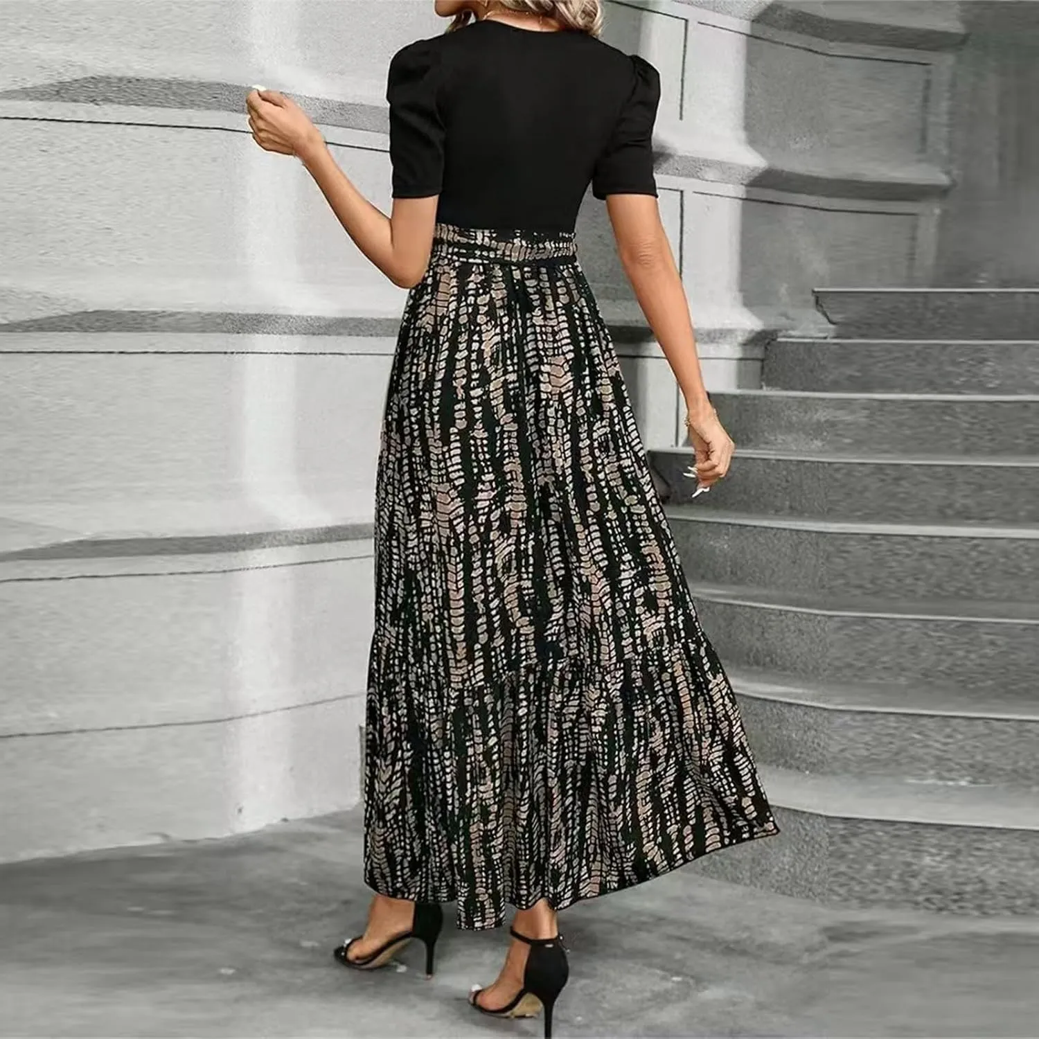 Long Floral Dresses for Women 2025 Elegant Tie Waist Maxi Dress Patchwork Short Sleeve Modest Flowy A Line Dress