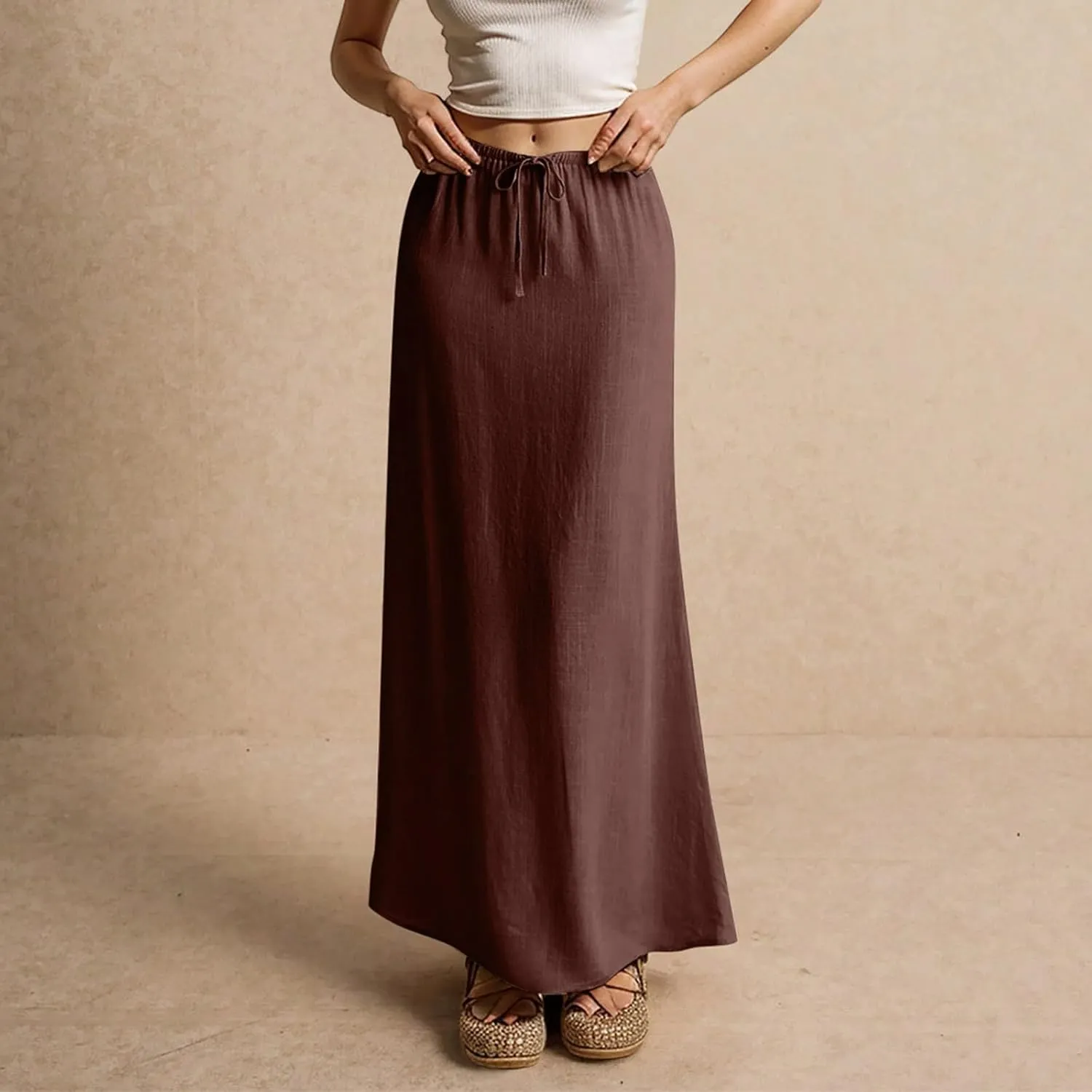 Long Skirts for Women,2025 Summer Trendy Drawstring Waist Linen Maxi Skirts,Casual Comfy Flowy Vacation Boho Skirts