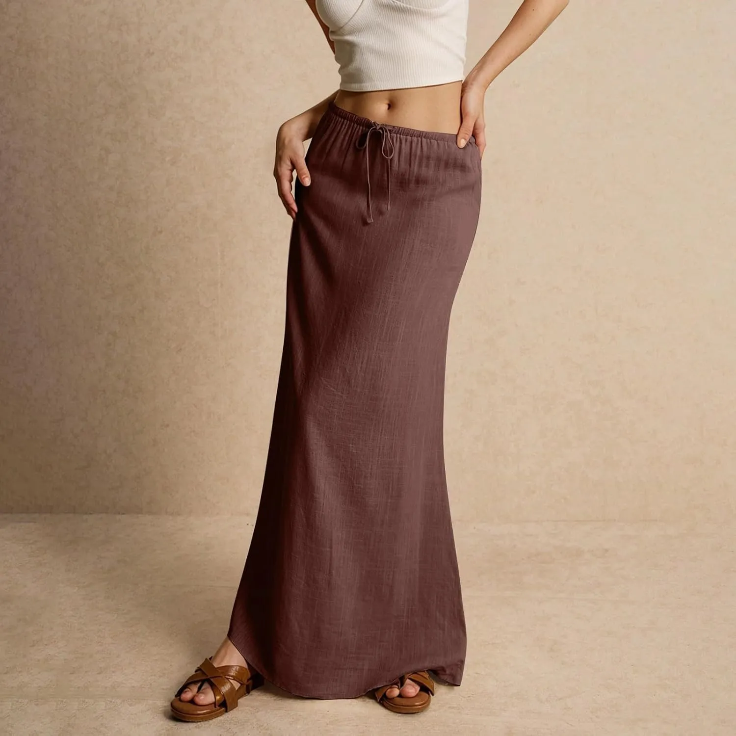 Long Skirts for Women,2025 Summer Trendy Drawstring Waist Linen Maxi Skirts,Casual Comfy Flowy Vacation Boho Skirts