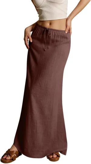 Long Skirts for Women,2025 Summer Trendy Drawstring Waist Linen Maxi Skirts,Casual Comfy Flowy Vacation Boho Skirts