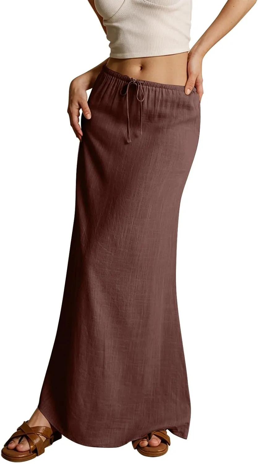 Long Skirts for Women,2025 Summer Trendy Drawstring Waist Linen Maxi Skirts,Casual Comfy Flowy Vacation Boho Skirts