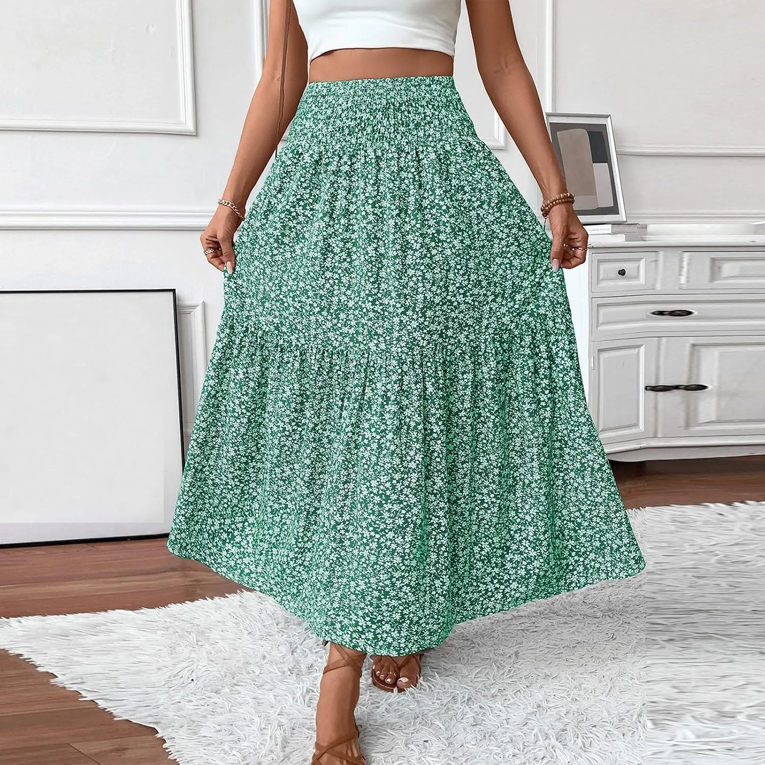 Long Skirts for Women,Flowy Long Skirts 2025 High Waisted Trendy Womens Boho Maxi Skirt with Pockets Pleated