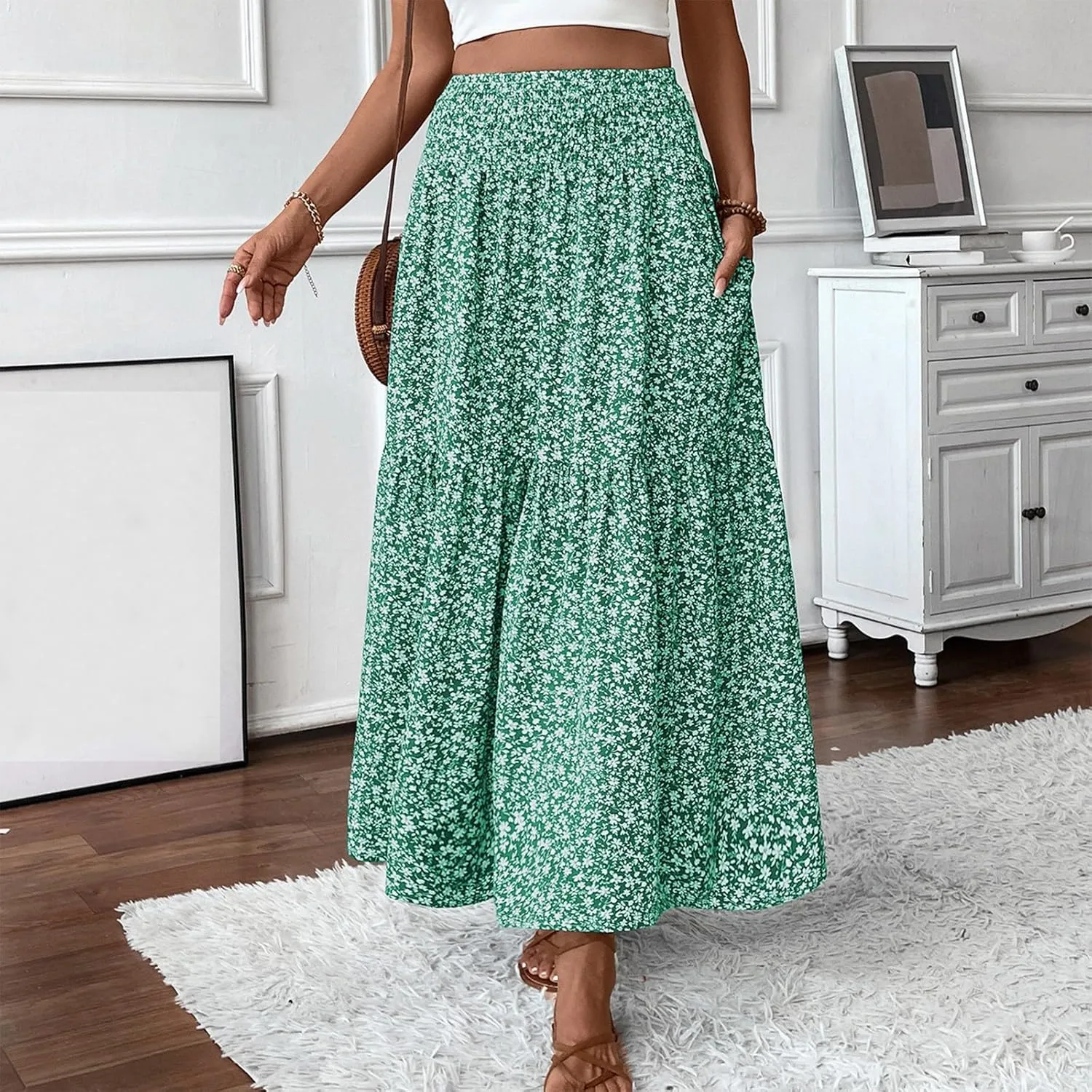 Long Skirts for Women,Flowy Long Skirts 2025 High Waisted Trendy Womens Boho Maxi Skirt with Pockets Pleated