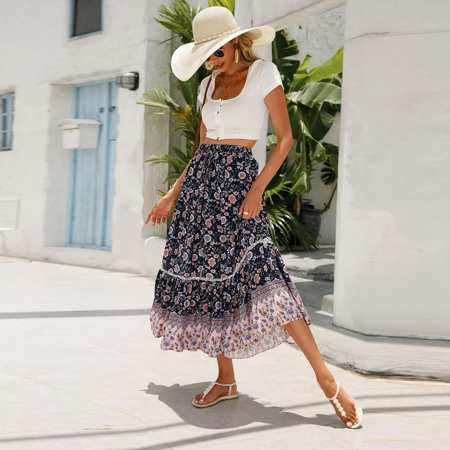 Long Skirts for Women,Formal Flowy Maxi Skirts 2025 Trendy Elastic Waist Beach Vacation Boho Skirt Spring Summer