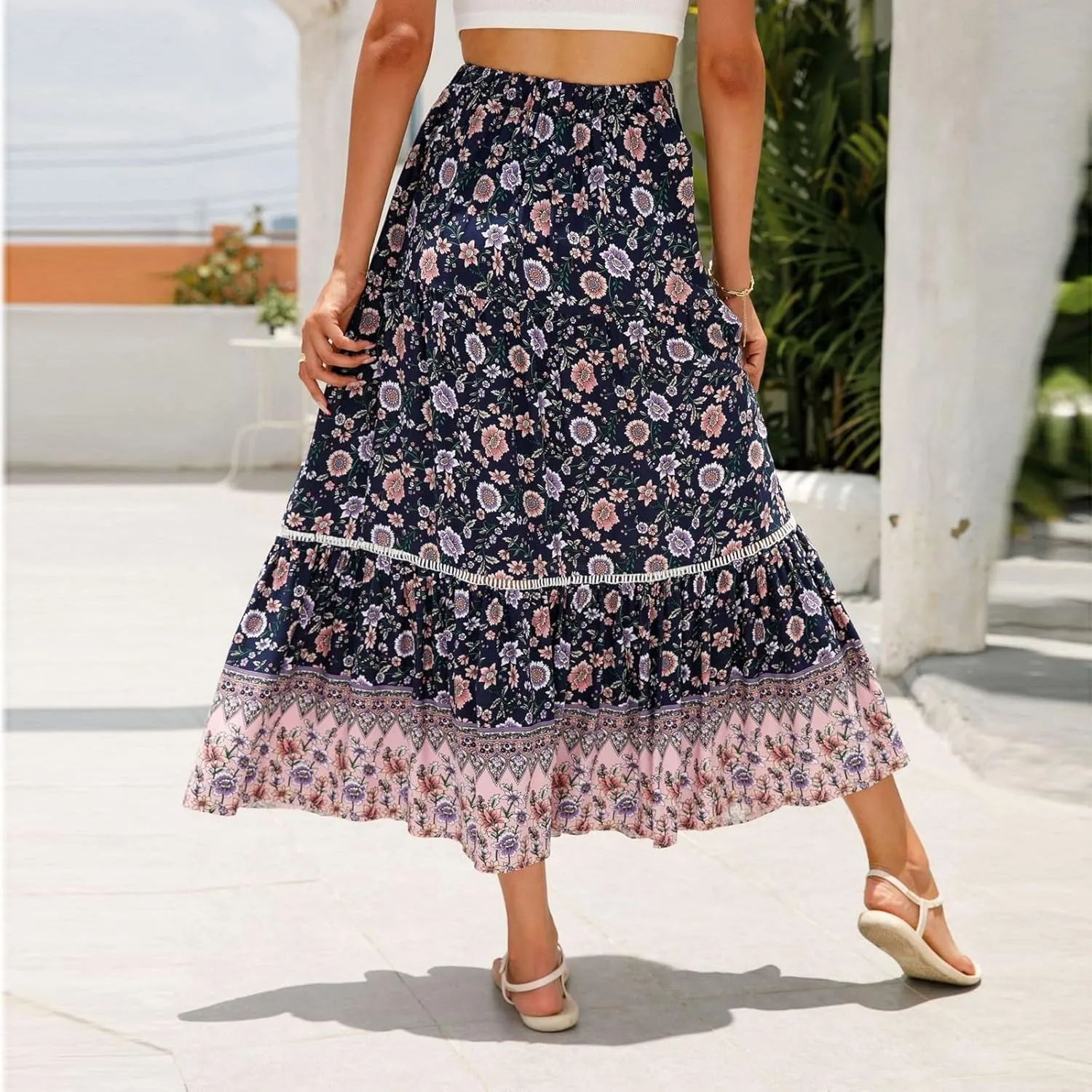 Long Skirts for Women,Formal Flowy Maxi Skirts 2025 Trendy Elastic Waist Beach Vacation Boho Skirt Spring Summer