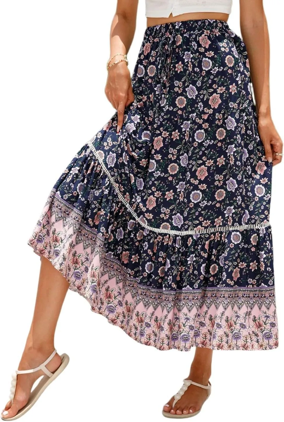 Long Skirts for Women,Formal Flowy Maxi Skirts 2025 Trendy Elastic Waist Beach Vacation Boho Skirt Spring Summer