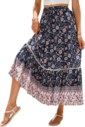 Long Skirts for Women,Formal Flowy Maxi Skirts 2025 Trendy Elastic Waist Beach Vacation Boho Skirt Spring Summer
