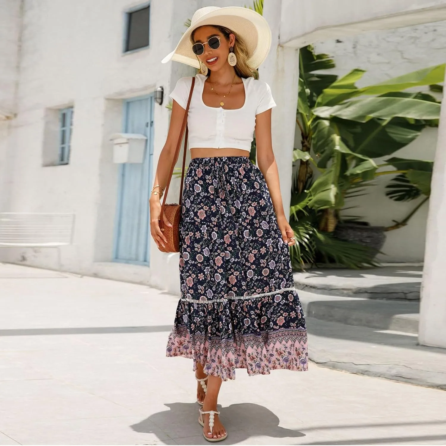 Long Skirts for Women,Formal Flowy Maxi Skirts 2025 Trendy Elastic Waist Beach Vacation Boho Skirt Spring Summer