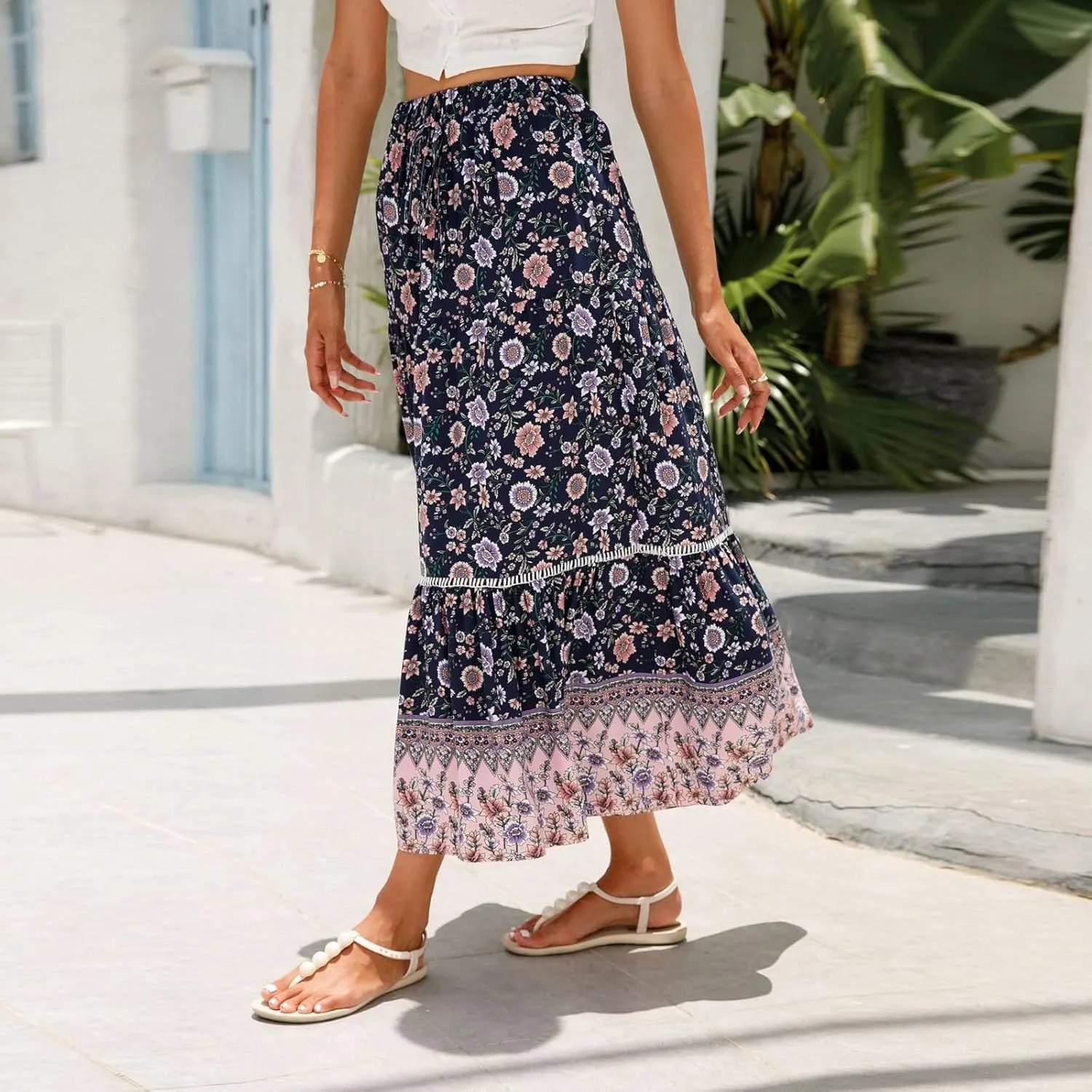 Long Skirts for Women,Formal Flowy Maxi Skirts 2025 Trendy Elastic Waist Beach Vacation Boho Skirt Spring Summer