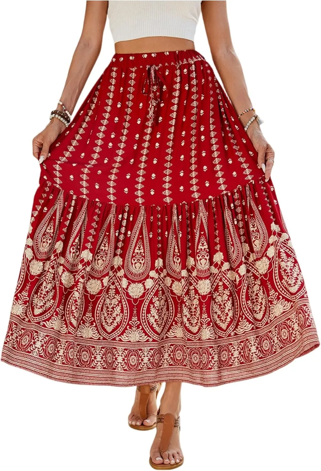 Long Skirts for Women,Wrap Drawstring Tiered Flowy Maxi Skirts 2025 Trendy Sexy Boho Skirt Spring Summer