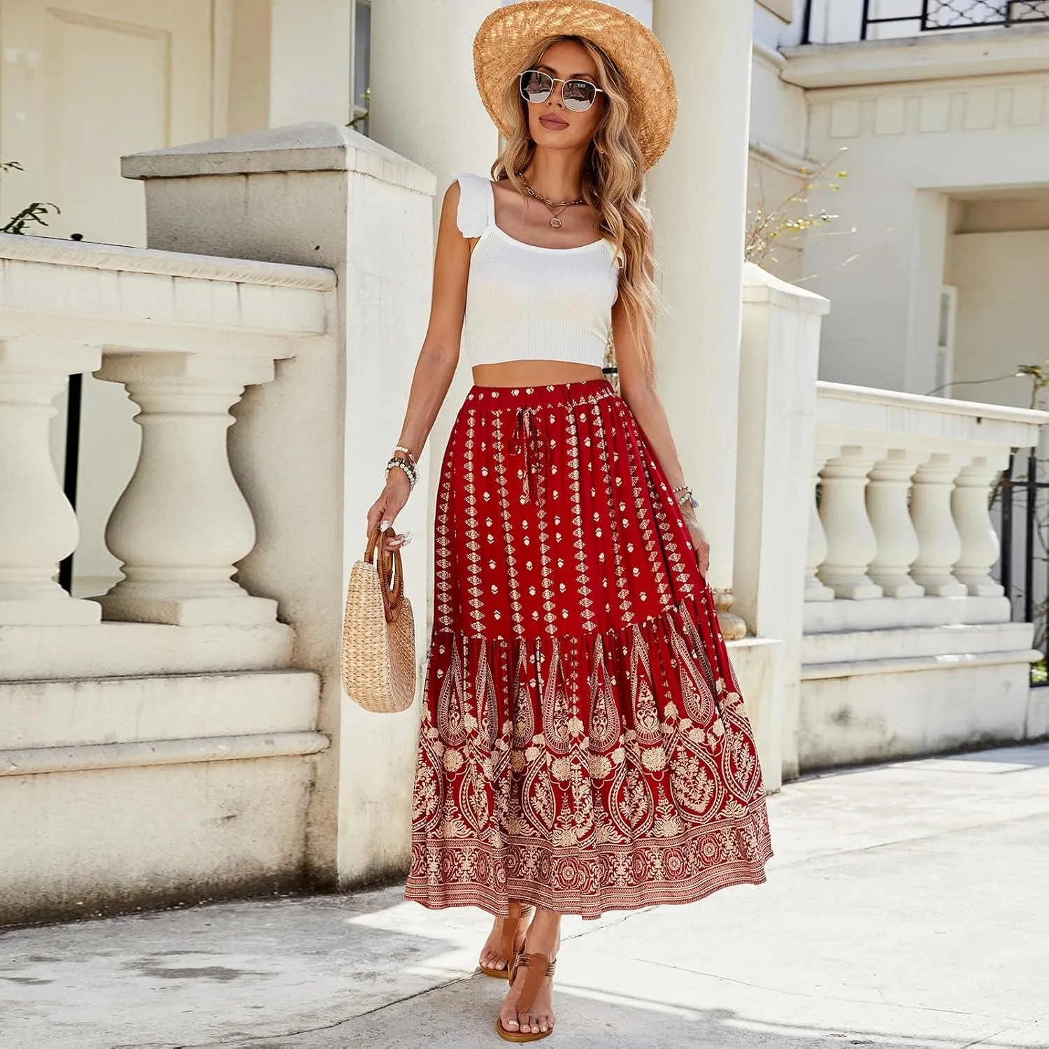 Long Skirts for Women,Wrap Drawstring Tiered Flowy Maxi Skirts 2025 Trendy Sexy Boho Skirt Spring Summer