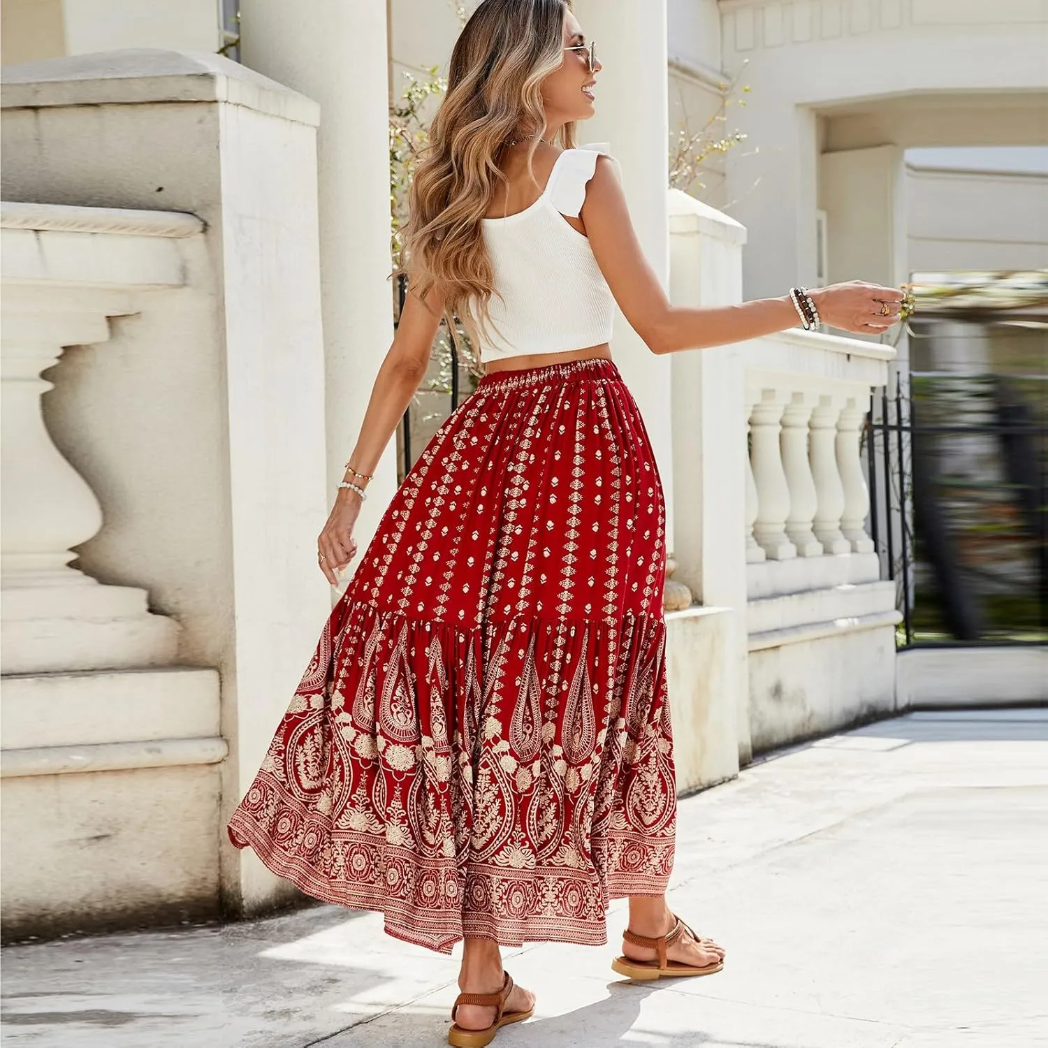 Long Skirts for Women,Wrap Drawstring Tiered Flowy Maxi Skirts 2025 Trendy Sexy Boho Skirt Spring Summer