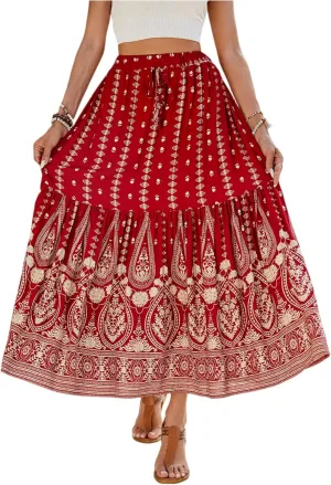 Long Skirts for Women,Wrap Drawstring Tiered Flowy Maxi Skirts 2025 Trendy Sexy Boho Skirt Spring Summer