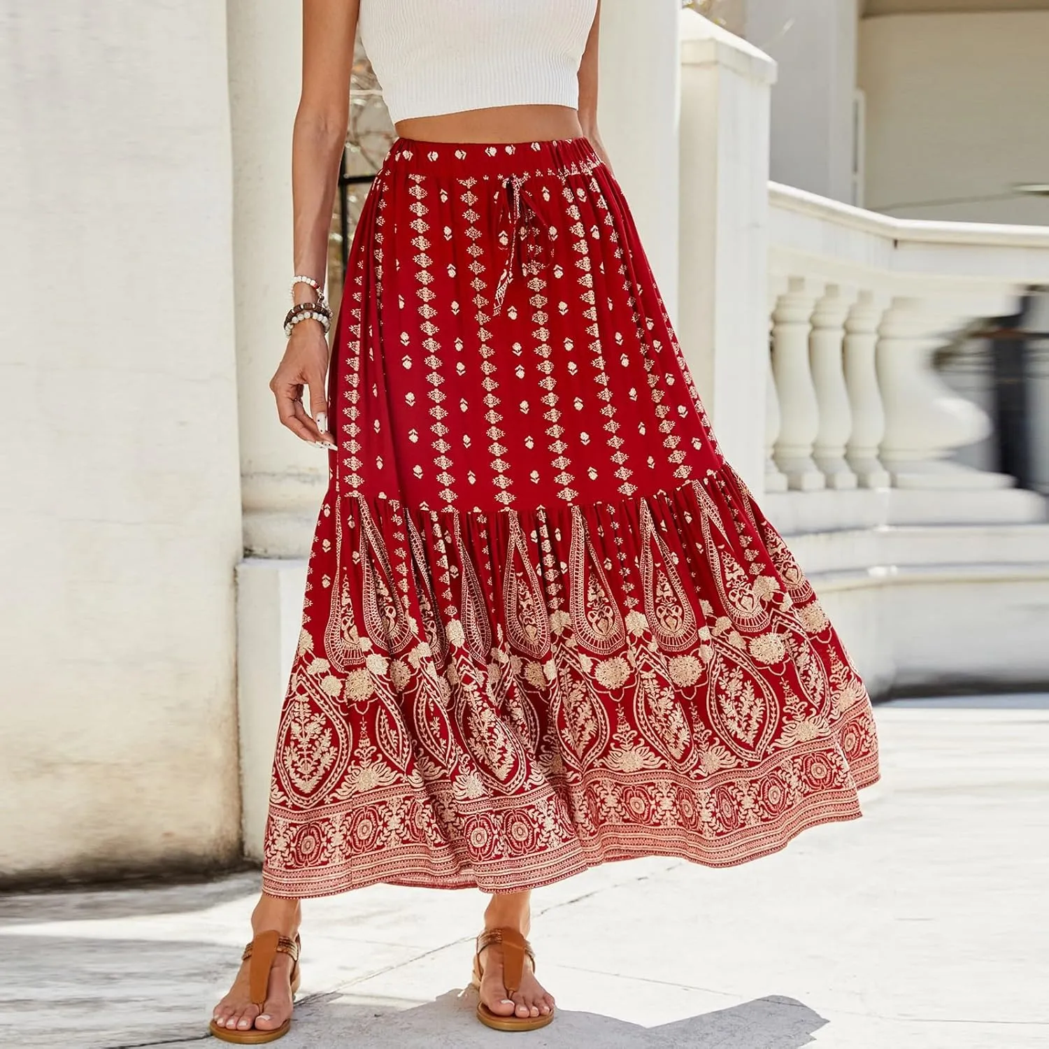 Long Skirts for Women,Wrap Drawstring Tiered Flowy Maxi Skirts 2025 Trendy Sexy Boho Skirt Spring Summer
