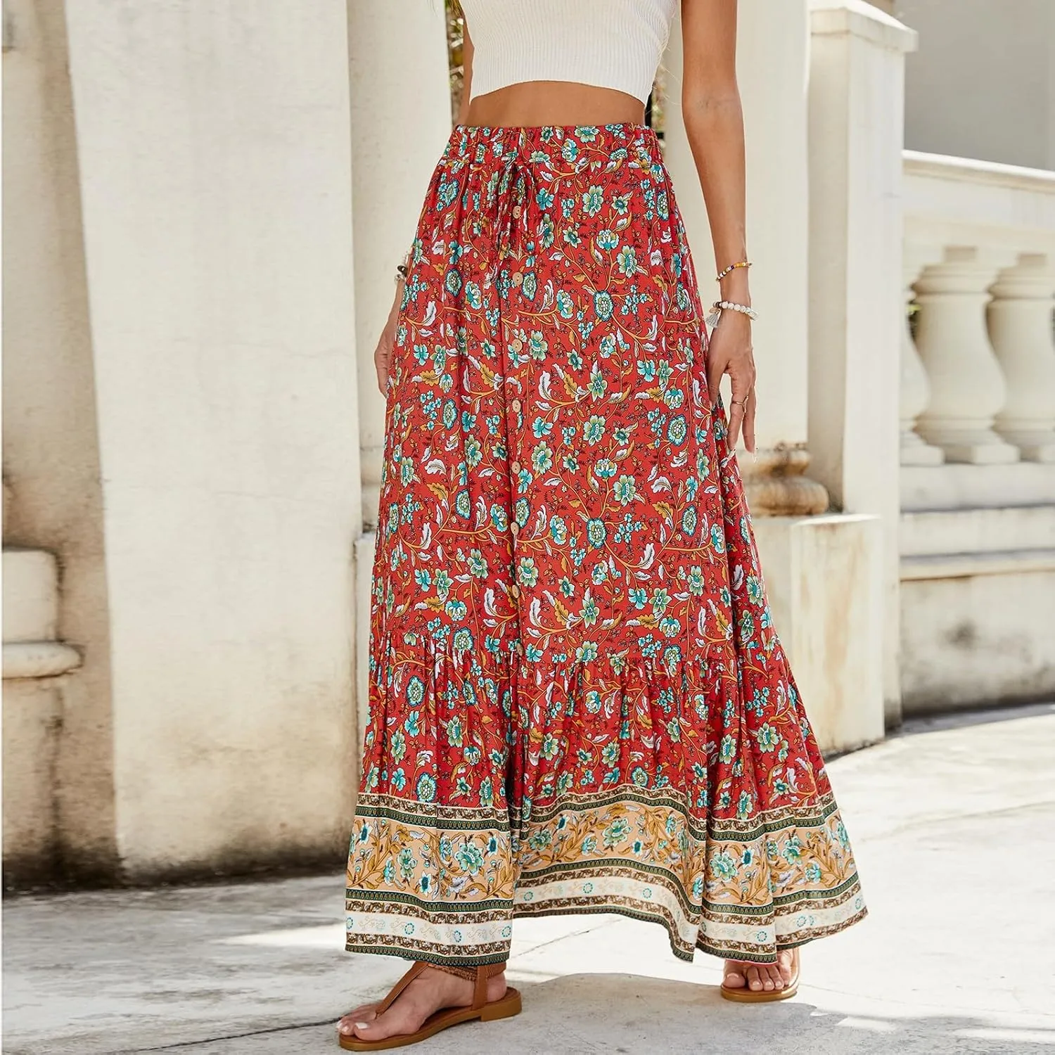 Long Skirts,Wrap Drawstring Tiered Boho Skirt Spring Summer Plus Size Flowy Maxi Skirts for Women 2025 Trendy