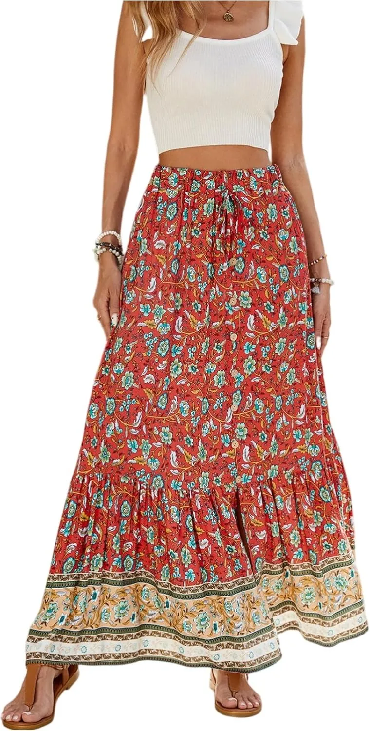 Long Skirts,Wrap Drawstring Tiered Boho Skirt Spring Summer Plus Size Flowy Maxi Skirts for Women 2025 Trendy