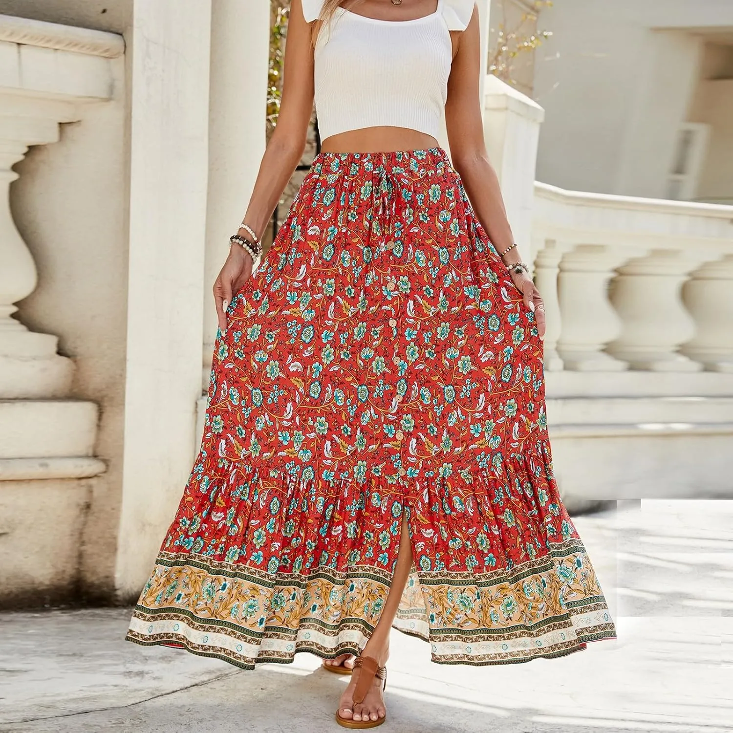 Long Skirts,Wrap Drawstring Tiered Boho Skirt Spring Summer Plus Size Flowy Maxi Skirts for Women 2025 Trendy