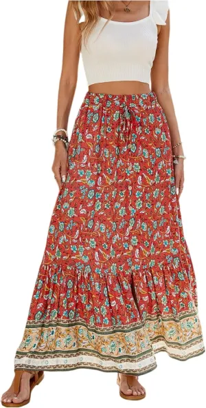 Long Skirts,Wrap Drawstring Tiered Boho Skirt Spring Summer Plus Size Flowy Maxi Skirts for Women 2025 Trendy