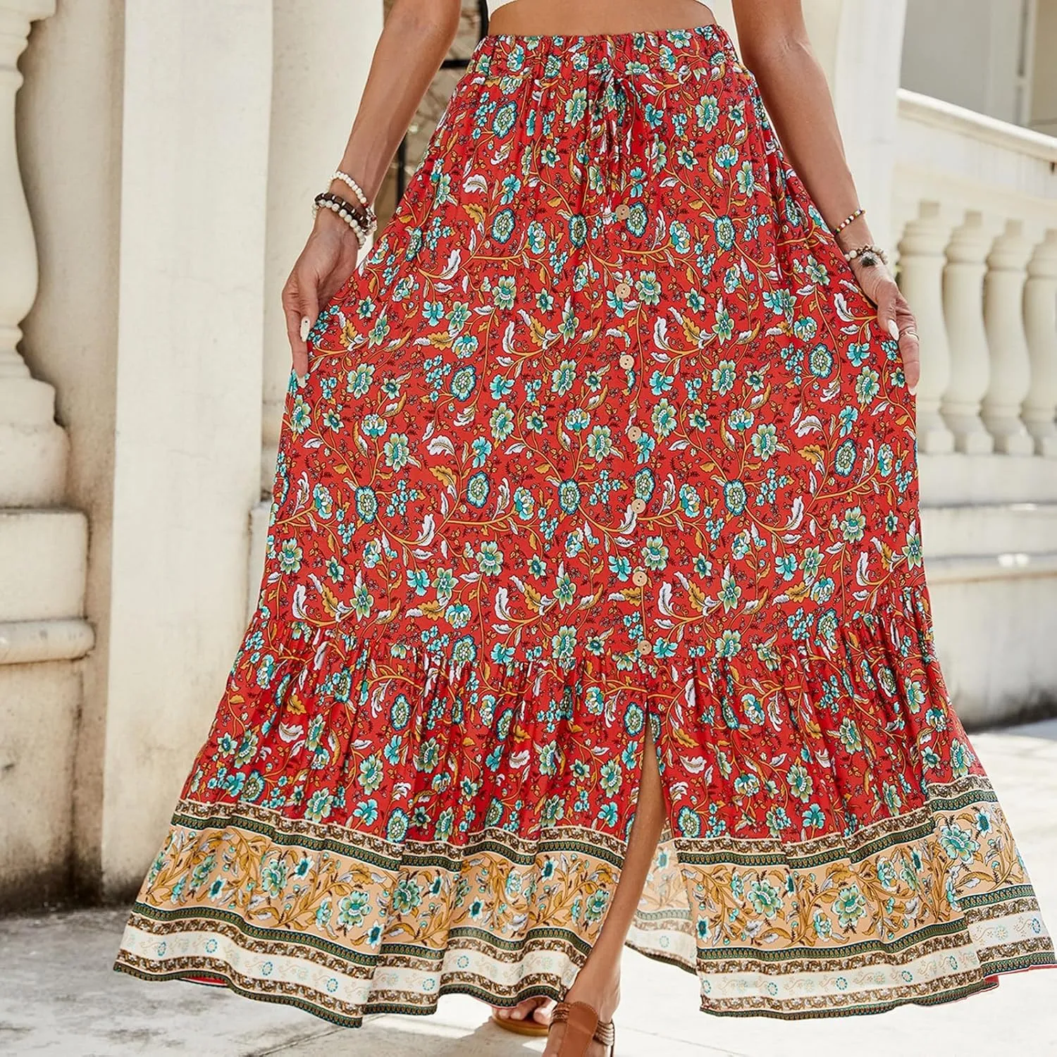 Long Skirts,Wrap Drawstring Tiered Boho Skirt Spring Summer Plus Size Flowy Maxi Skirts for Women 2025 Trendy