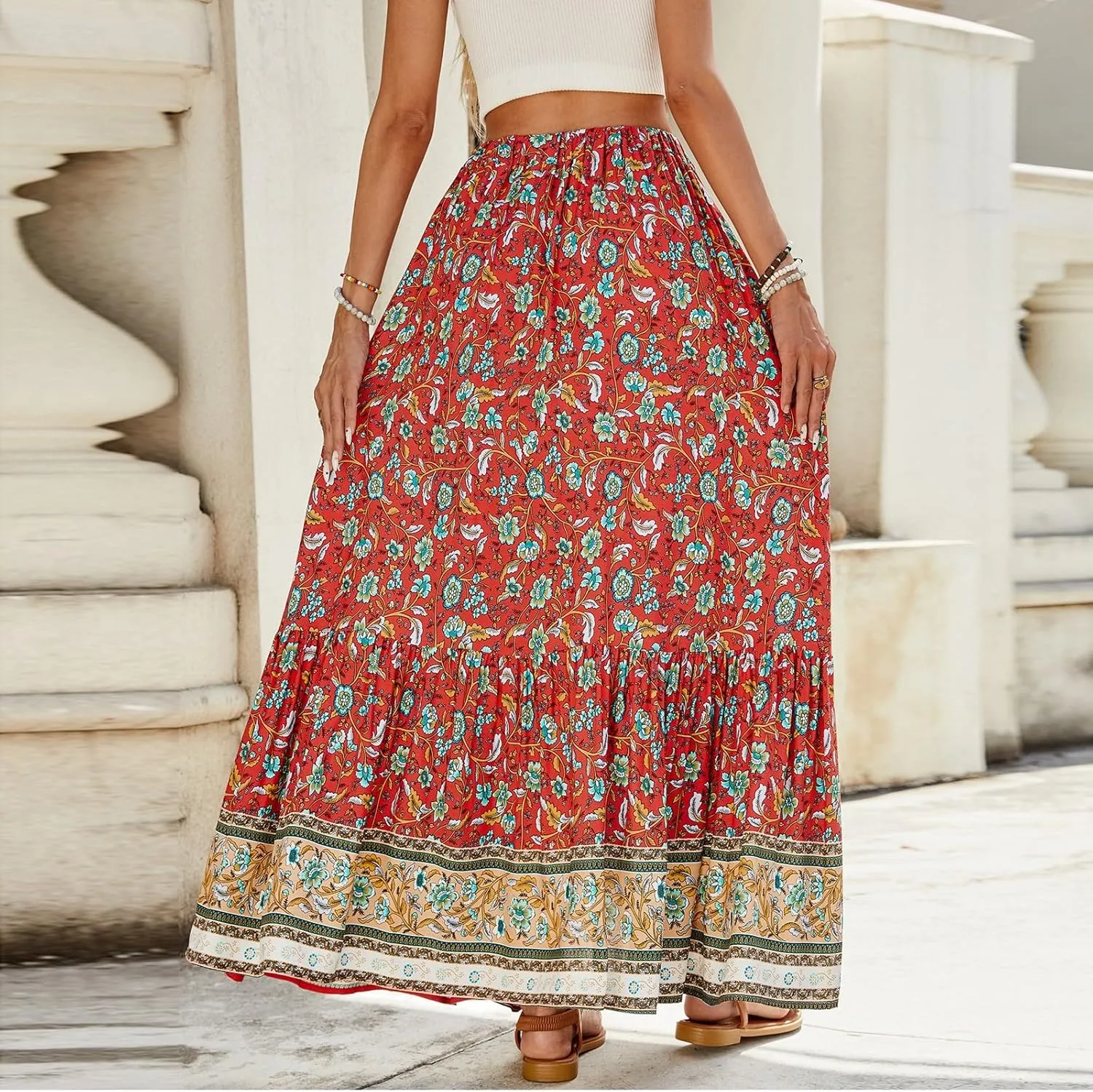 Long Skirts,Wrap Drawstring Tiered Boho Skirt Spring Summer Plus Size Flowy Maxi Skirts for Women 2025 Trendy