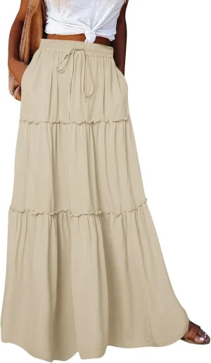 Long Skirt,Womens Boho Maxi Skirt with Pockets Linen Summer Elastic High Waisted Flowy Skirts for Women 2025
