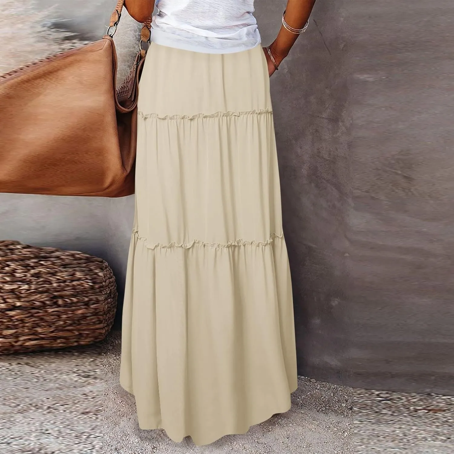 Long Skirt,Womens Boho Maxi Skirt with Pockets Linen Summer Elastic High Waisted Flowy Skirts for Women 2025