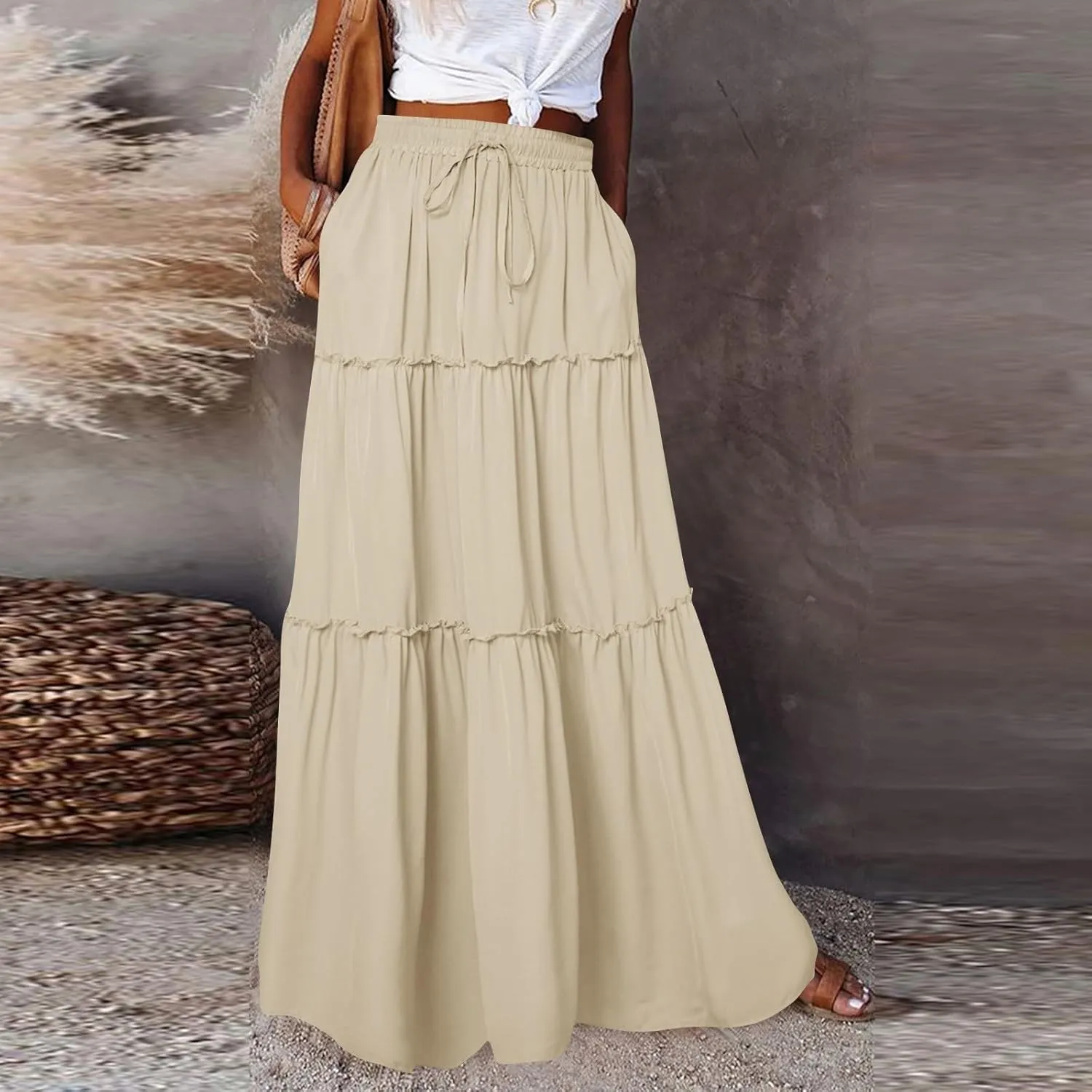 Long Skirt,Womens Boho Maxi Skirt with Pockets Linen Summer Elastic High Waisted Flowy Skirts for Women 2025