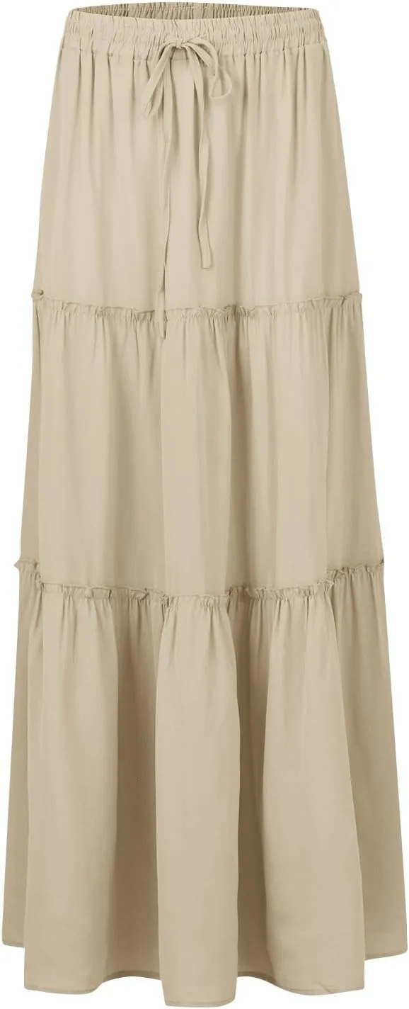Long Skirt,Womens Boho Maxi Skirt with Pockets Linen Summer Elastic High Waisted Flowy Skirts for Women 2025