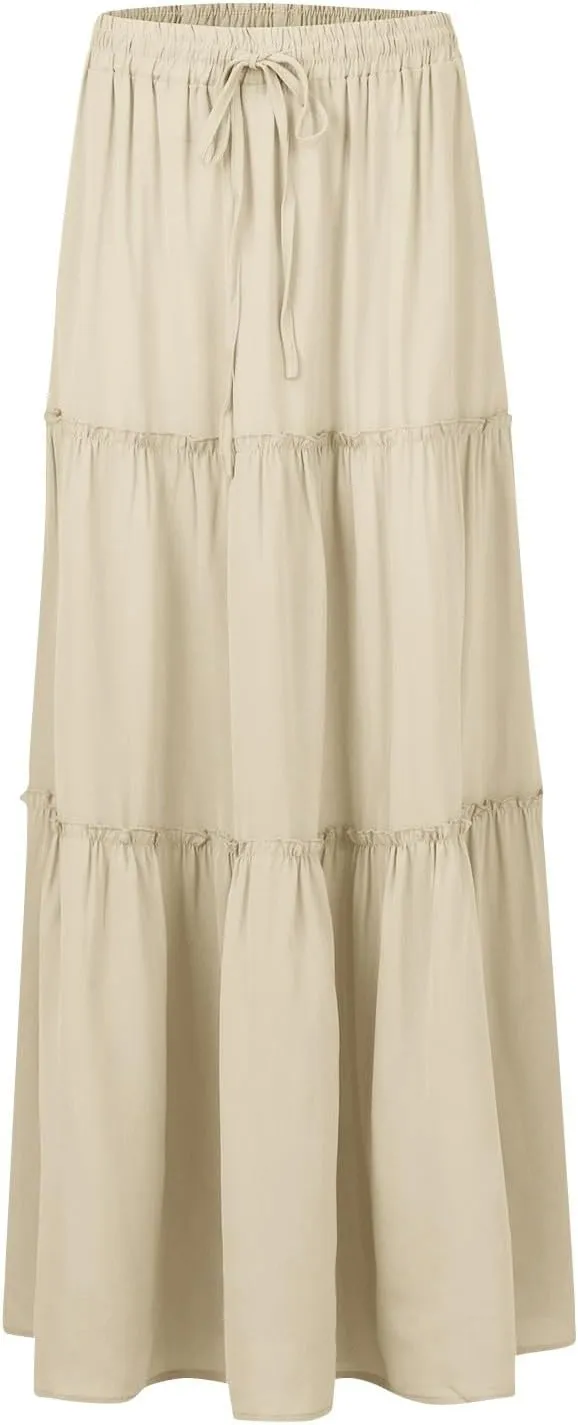 Long Skirt,Womens Boho Maxi Skirt with Pockets Linen Summer Elastic High Waisted Flowy Skirts for Women 2025
