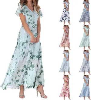 Long Spring Dresses for Women 2025, Floral Chiffon Dress, Casual V Neck Maxi Dress, Short Sleeve Ruffle Party Dress