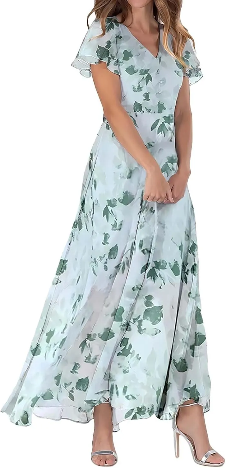 Long Spring Dresses for Women 2025, Floral Chiffon Dress, Casual V Neck Maxi Dress, Short Sleeve Ruffle Party Dress