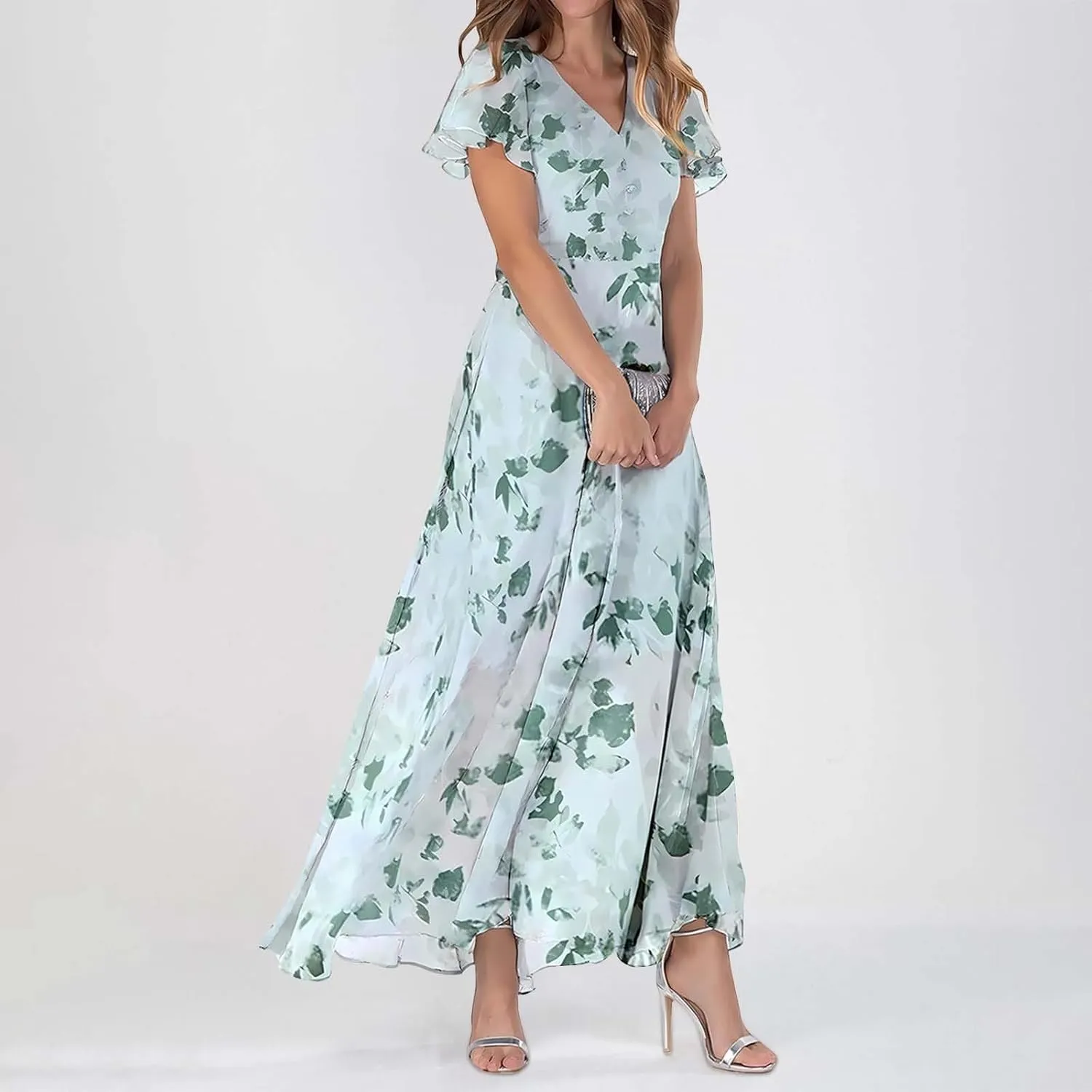 Long Spring Dresses for Women 2025, Floral Chiffon Dress, Casual V Neck Maxi Dress, Short Sleeve Ruffle Party Dress