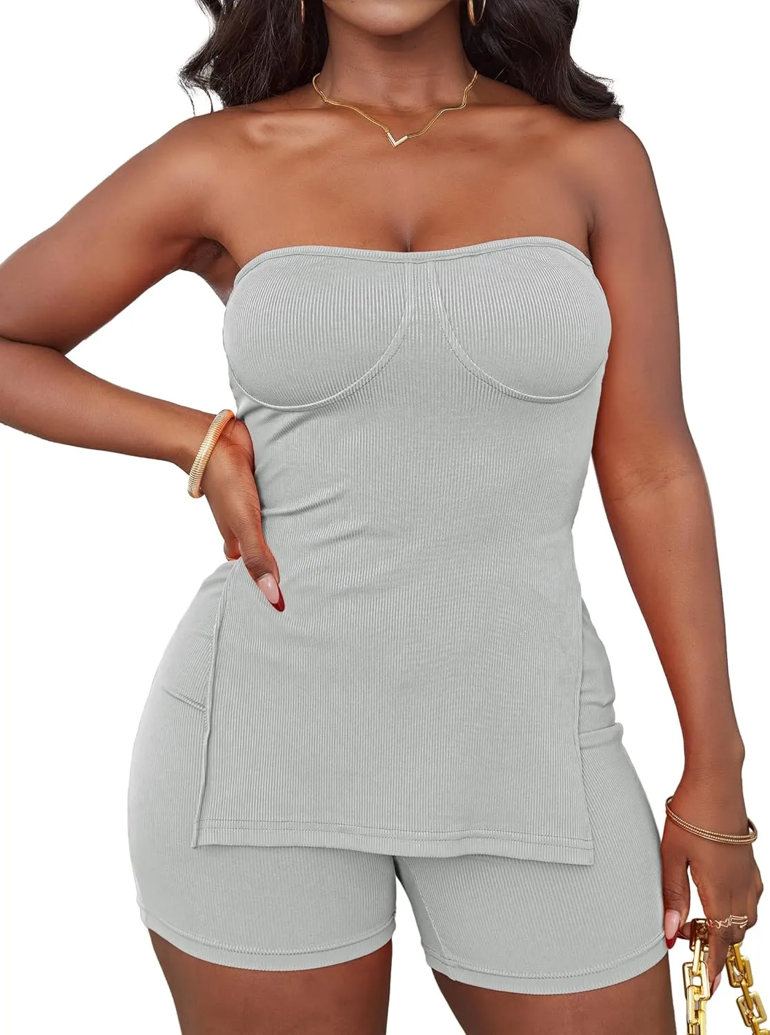 LovelyWholesale Shorts Sets Women Two Piece Outfits Split Ribbed Tube Tops and Shorts Matching Sets