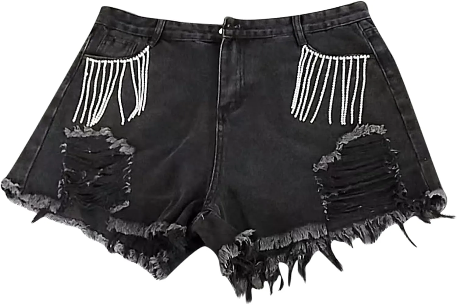 Lpmadey Women's High Waisted Denim Shorts Distressed Raw Edge Stretch Denim Jean Shorts Pearl Beaded Tassels Ripped Shorts