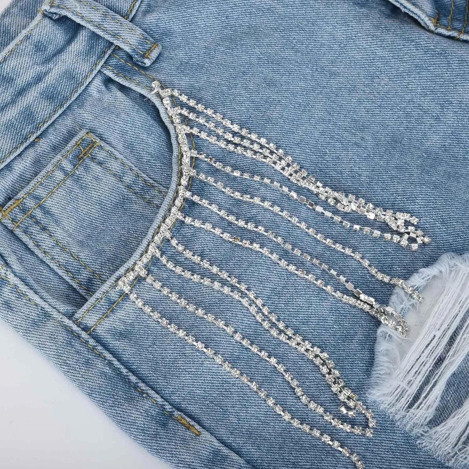 Lpmadey Women's High Waisted Denim Shorts Distressed Raw Edge Stretch Denim Jean Shorts Pearl Beaded Tassels Ripped Shorts