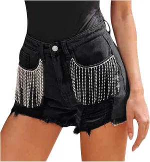 Lpmadey Women's High Waisted Denim Shorts Distressed Raw Edge Stretch Denim Jean Shorts Pearl Beaded Tassels Ripped Shorts