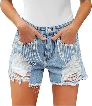 Lpmadey Women's High Waisted Denim Shorts Distressed Raw Edge Stretch Denim Jean Shorts Pearl Beaded Tassels Ripped Shorts